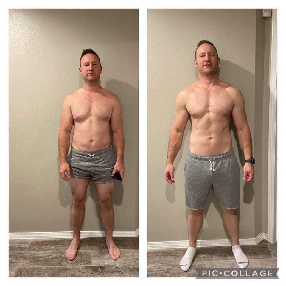 Chris Parker before and after collage — starting physique on the left, leaner and more defined on the right