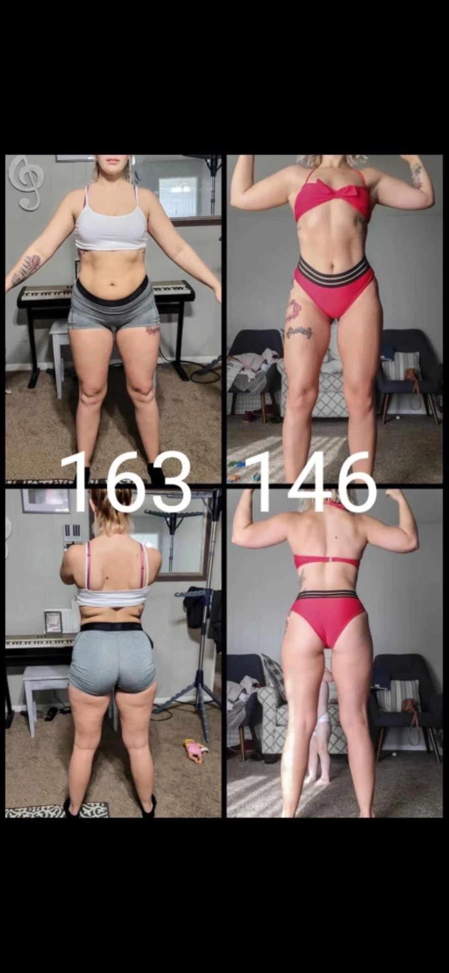 Client transformation from 163 lbs to 146 lbs