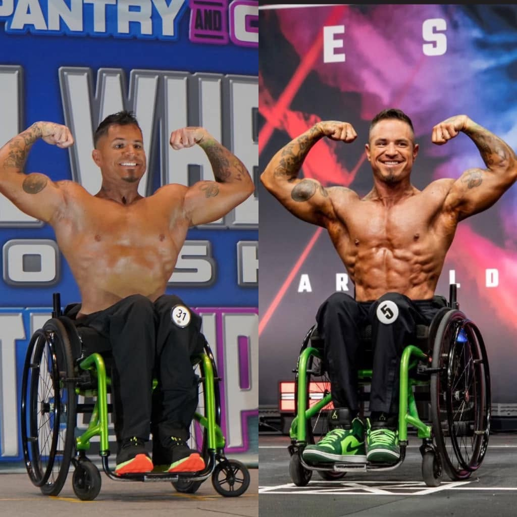 Side-by-side stage comparison of the same wheelchair competitor across two seasons, showing improved conditioning