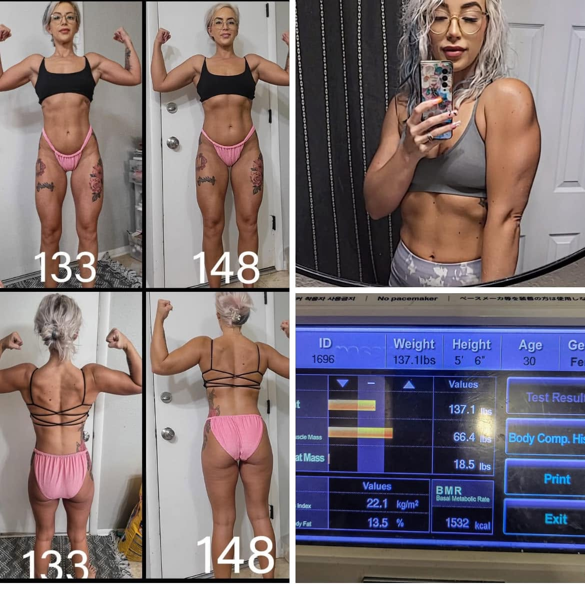 Client rebuild phase — front and back progress photos at 133 lbs and 148 lbs with InBody scan