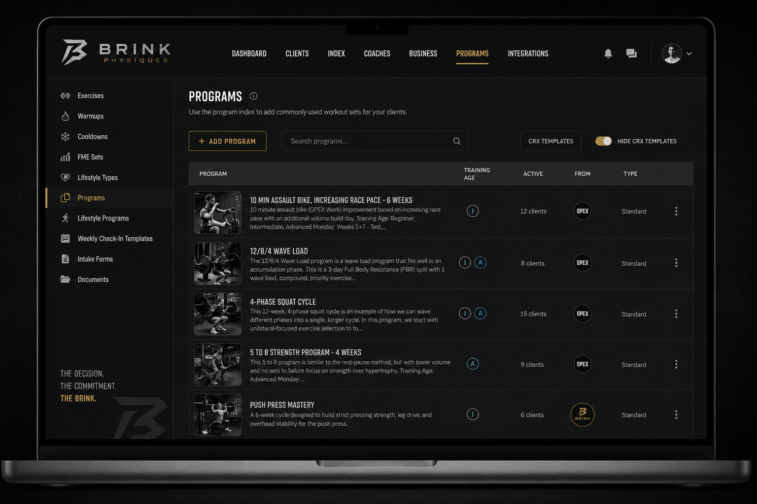 Brink Physiques coaching platform dashboard