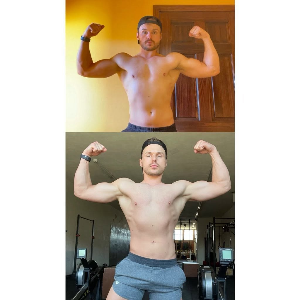 James — stacked front double-biceps comparison showing prep progress from February 4 to February 24