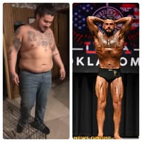 Side-by-side of a male client at his starting point and later on the bodybuilding stage