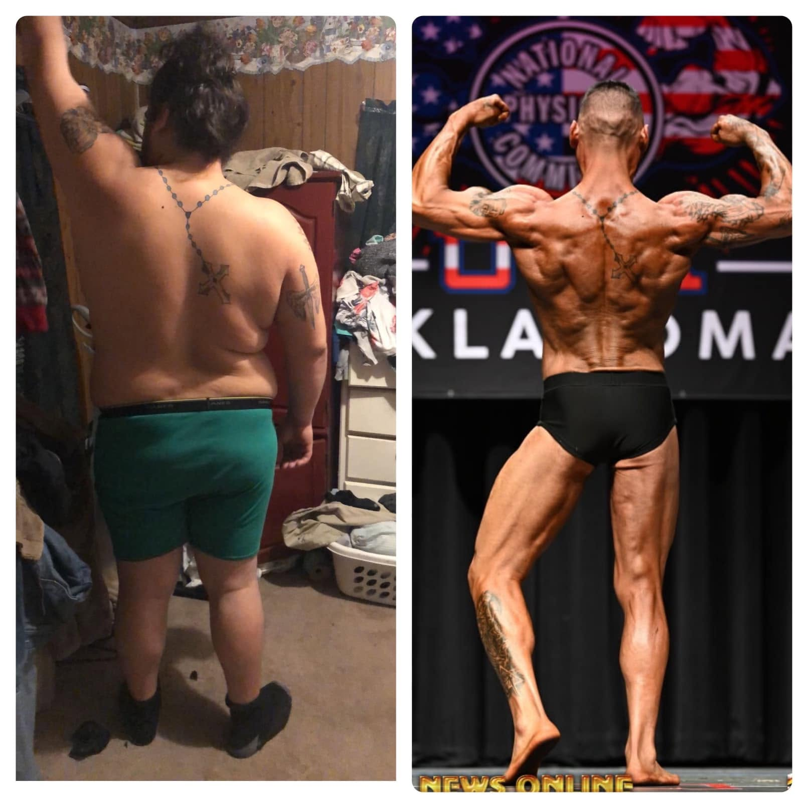 Back view comparison of the same athlete before his transformation and on the competition stage