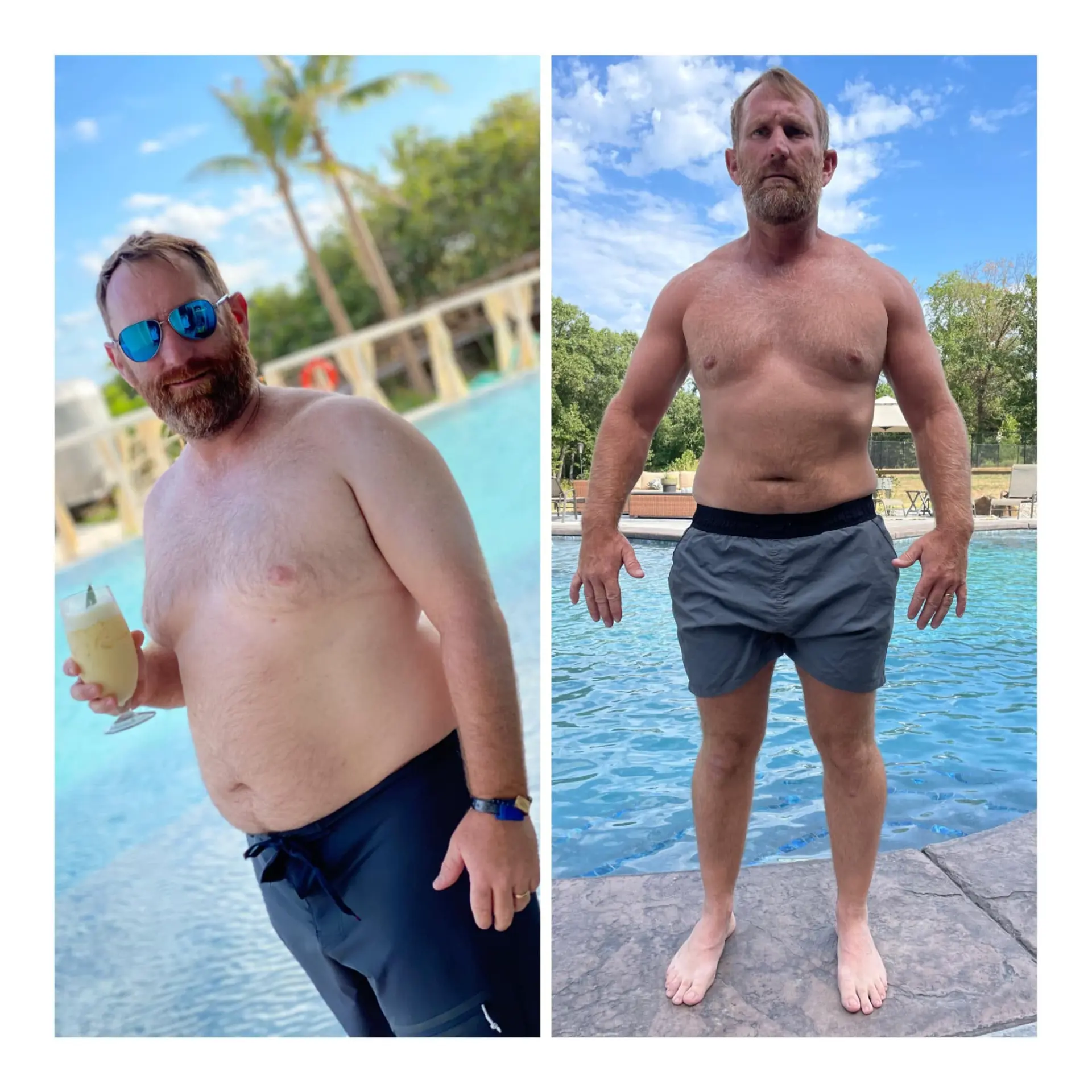 Before and after comparison of Zeb: 230 lbs poolside on the left, 183 lbs and visibly leaner on the right