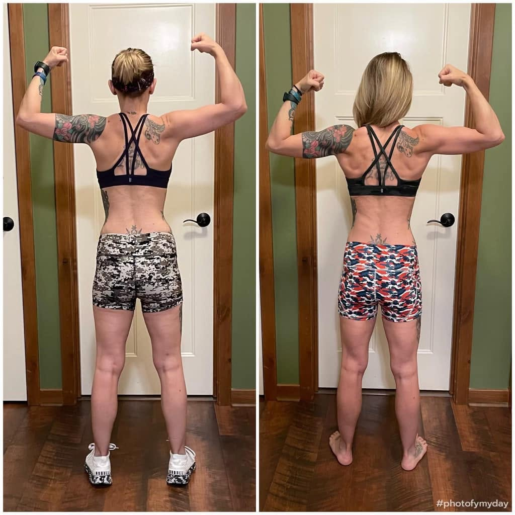 Female Brink Physiques client before and after comparison, back double-biceps pose