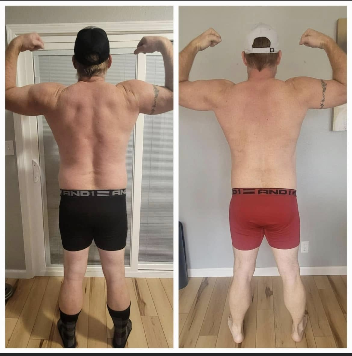 Back double-biceps before and after comparison of the same male client