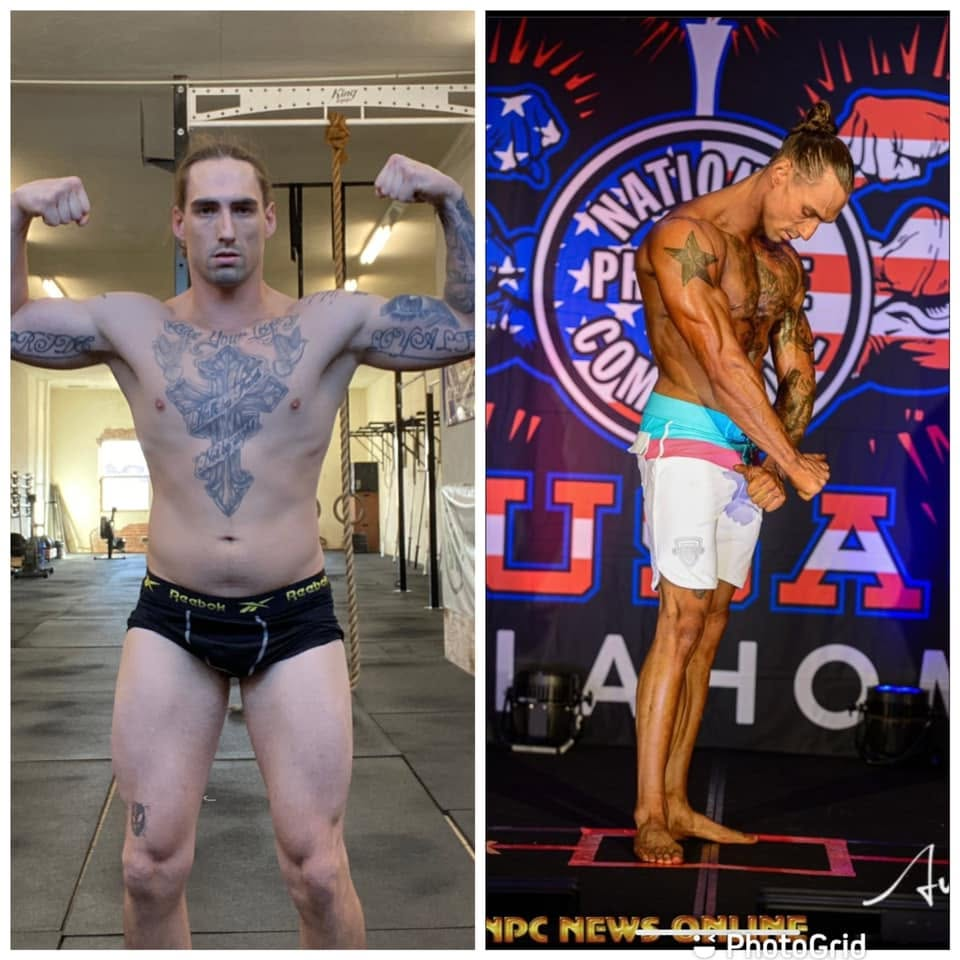 Men's physique athlete — starting condition in the gym on the left, NPC competition stage condition on the right