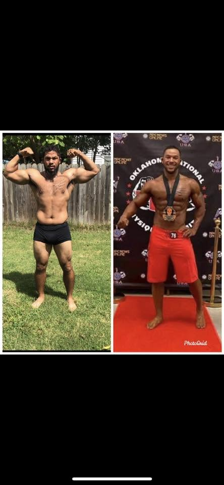 Side-by-side before and after transformation of a male athlete, from his starting physique to competition day on an NPC Oklahoma stage