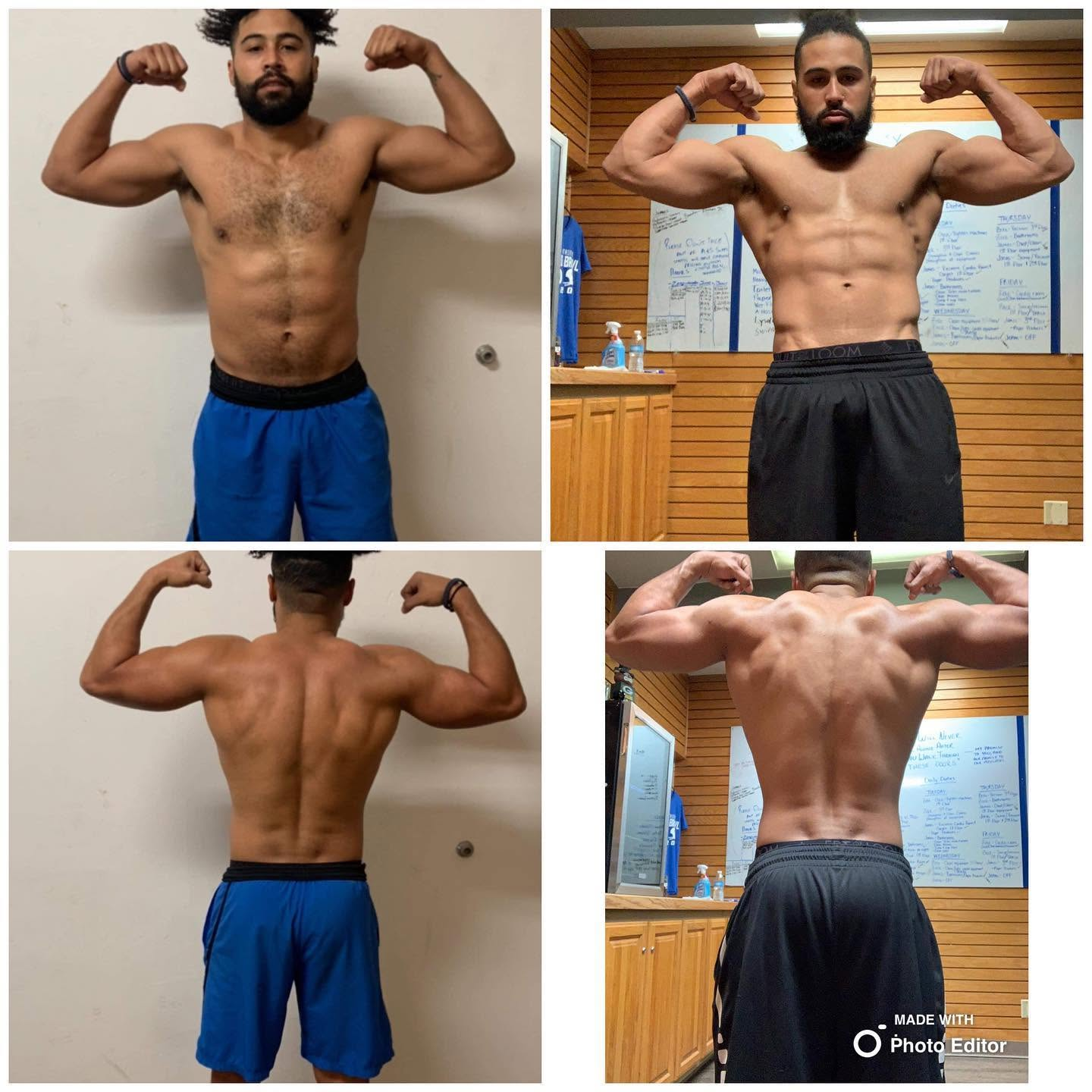 Four-panel Men's Physique prep comparison — front and back progress views showing improved conditioning