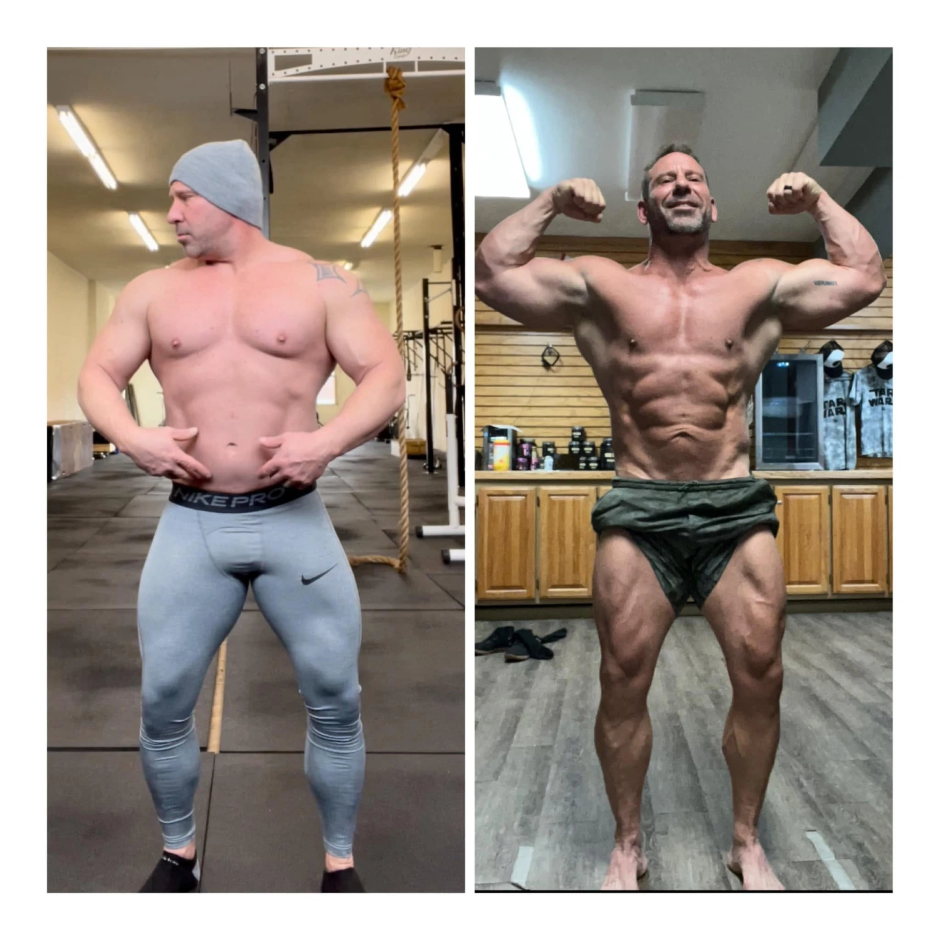 Side-by-side progress comparison showing months of consistent training