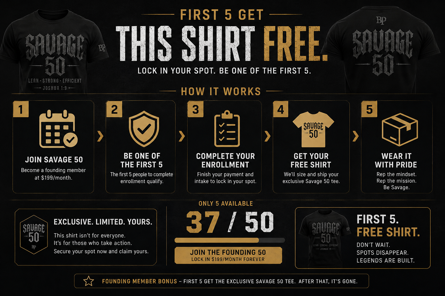 Savage 50 promotion: the first 5 founding members get the exclusive Savage 50 tee free.